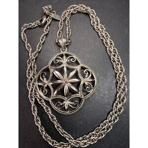 Vintage 1928 Silver Tone Filigree Medallion Rope Chain Necklace 28”